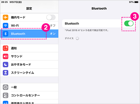 iPadの「Bluetooth」をタップし、「Bluetooth」をオンにします
