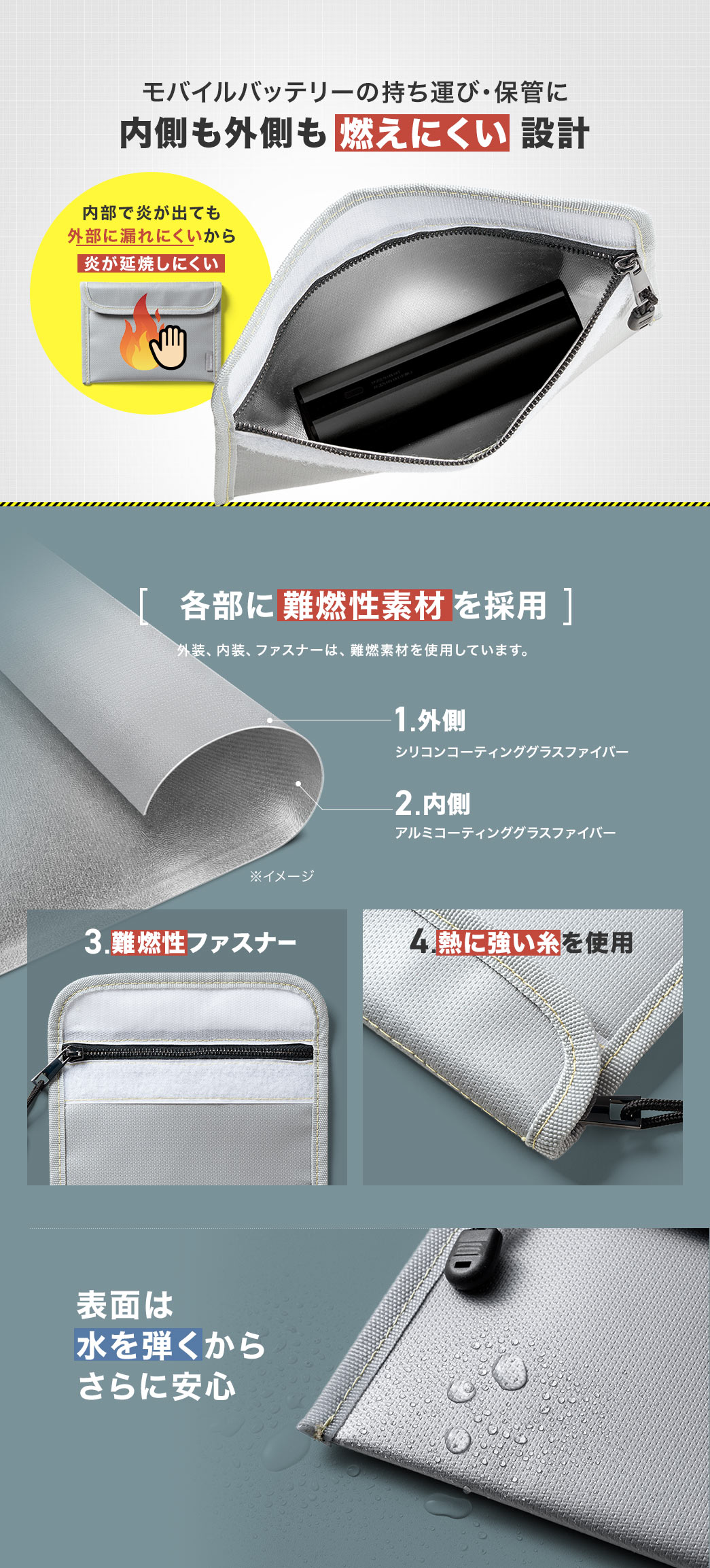 モバイルバッテリーの持ち運び・保管に。内側も外側も燃えにくい設計になっています。外装、内装、ファスナーは難燃性素材を使用しており、防火ファスナー&燃えにくい糸を使用しており、表面は水を弾くからさらに安心です。