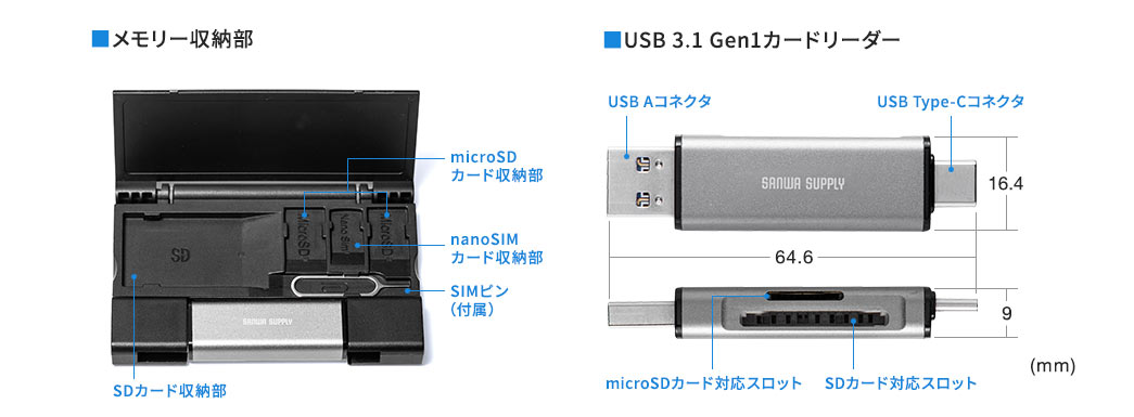 メモリ―収納部 USB3.1 Gen1カードリーダー