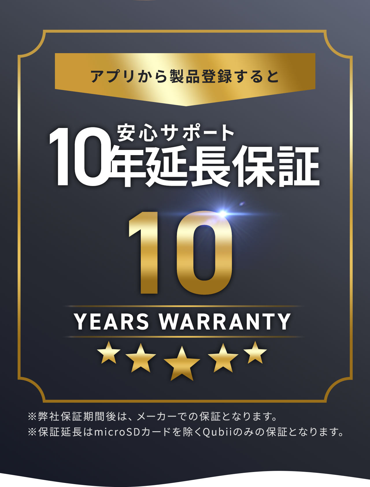 「Qubii Pro」のアカウント登録で、安心サポート10年保証延長。※弊社保証期間後は、メーカーでの保証となります。保証延長はmicroSDカードを除くQubiiのみの保証となります。