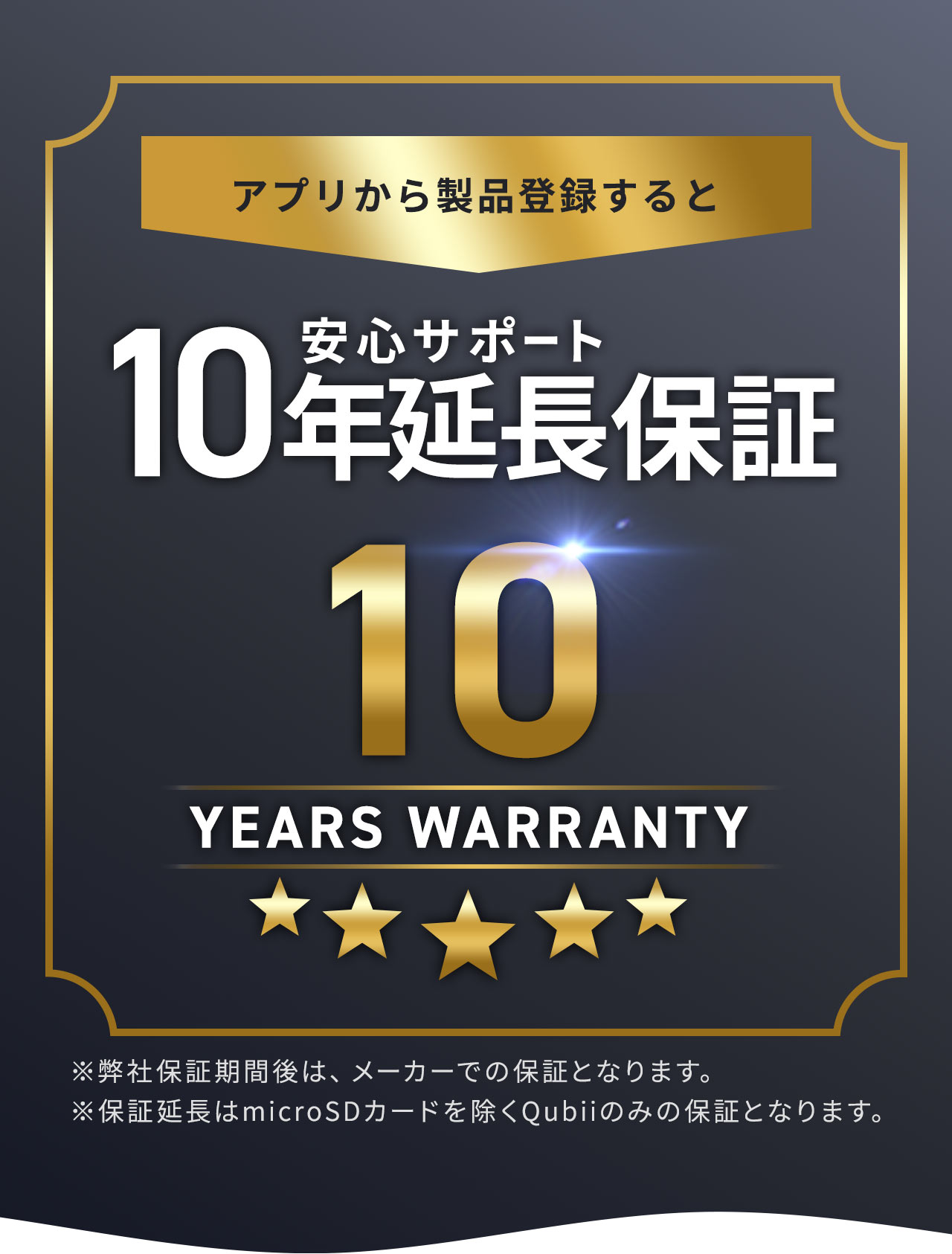 「Qubii Pro」のアカウント登録で、安心サポート10年保証延長。※弊社保証期間後は、メーカーでの保証となります。保証延長はmicroSDカードを除くQubiiのみの保証となります。