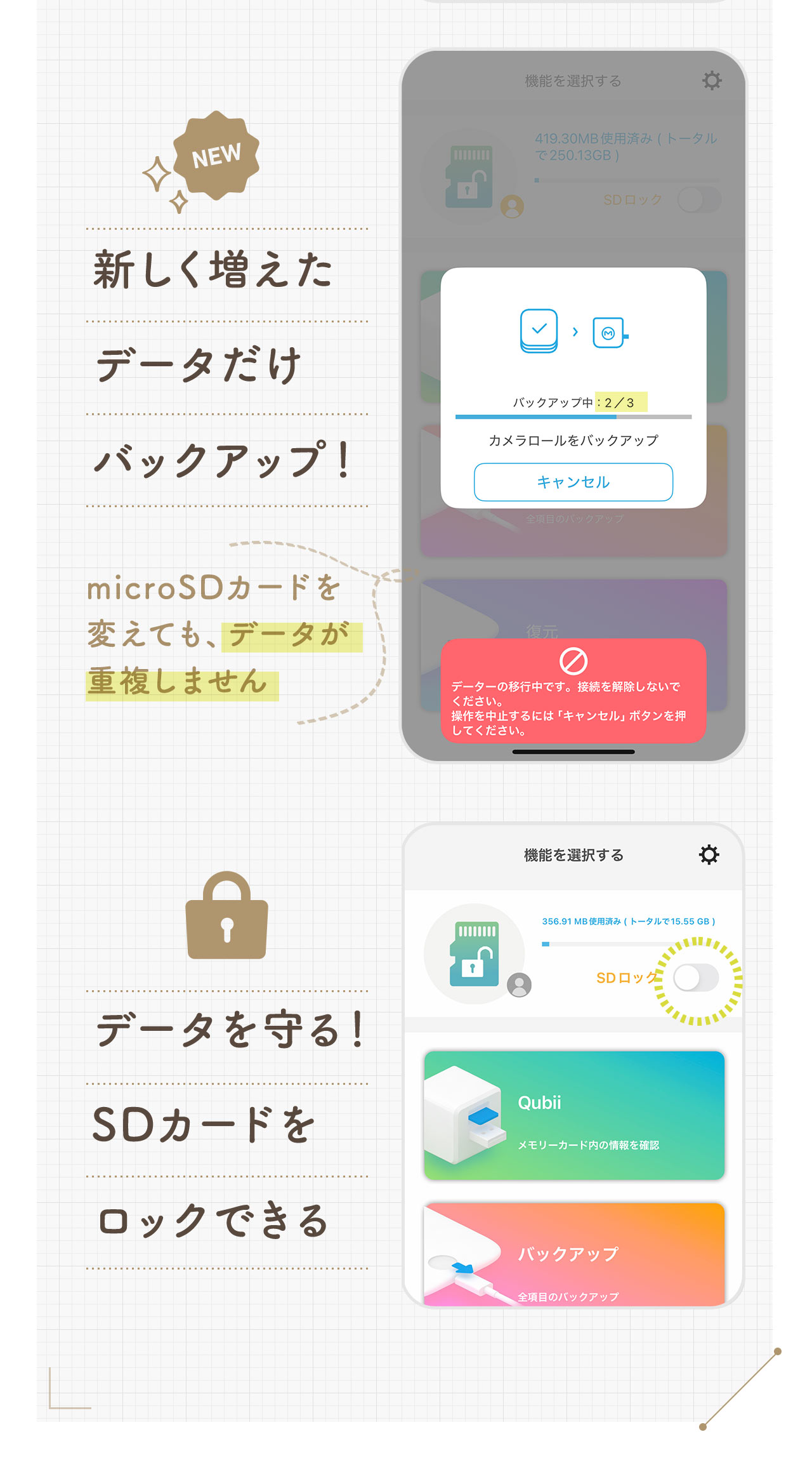 新しく増えたデータだけバックアップ、microSDカードを変えても、データが重複しません。また、SDカードをロックでき、データを守ります。