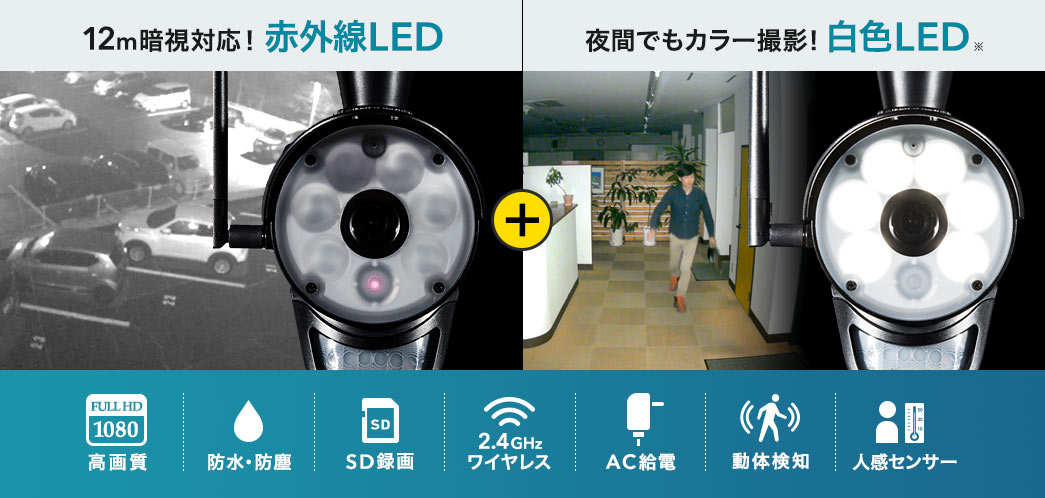 12m暗視対応 赤外線LED 夜間でもカラー撮影 白色LED 防水・防塵 SD録画
