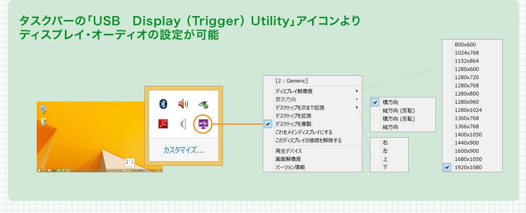 タスクバーの「USB Display(Trigger) Utility」アイコンよりディスプレイ・オーディオの設定が可能