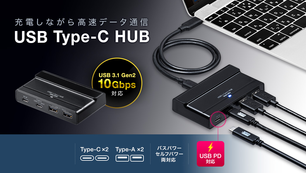 充電しながら高速データ通信 USB Type-C HUB Type-C×2 Type-A×2