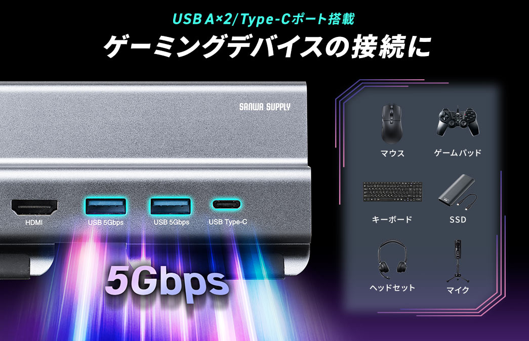 USB A×2/Type-Cボート搭載　ゲーミングデバイスの接続に