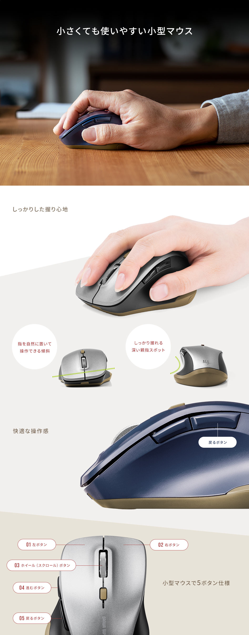 小さくても使いやすい小型マウス　しっかりした握り心地　快適な操作感　小型マウスで5ボタン仕様