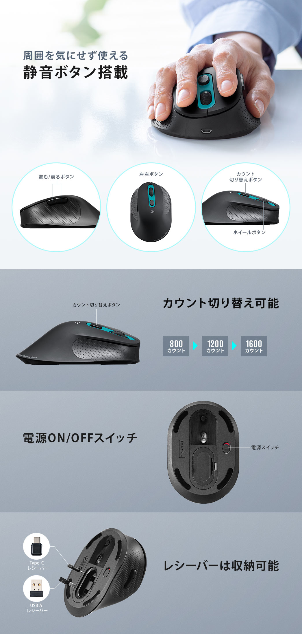 周囲を気にせず使える静音ボタン搭載 カウント切り替え可能 電源ON/OFFスイッチ レシーバーは収納可能