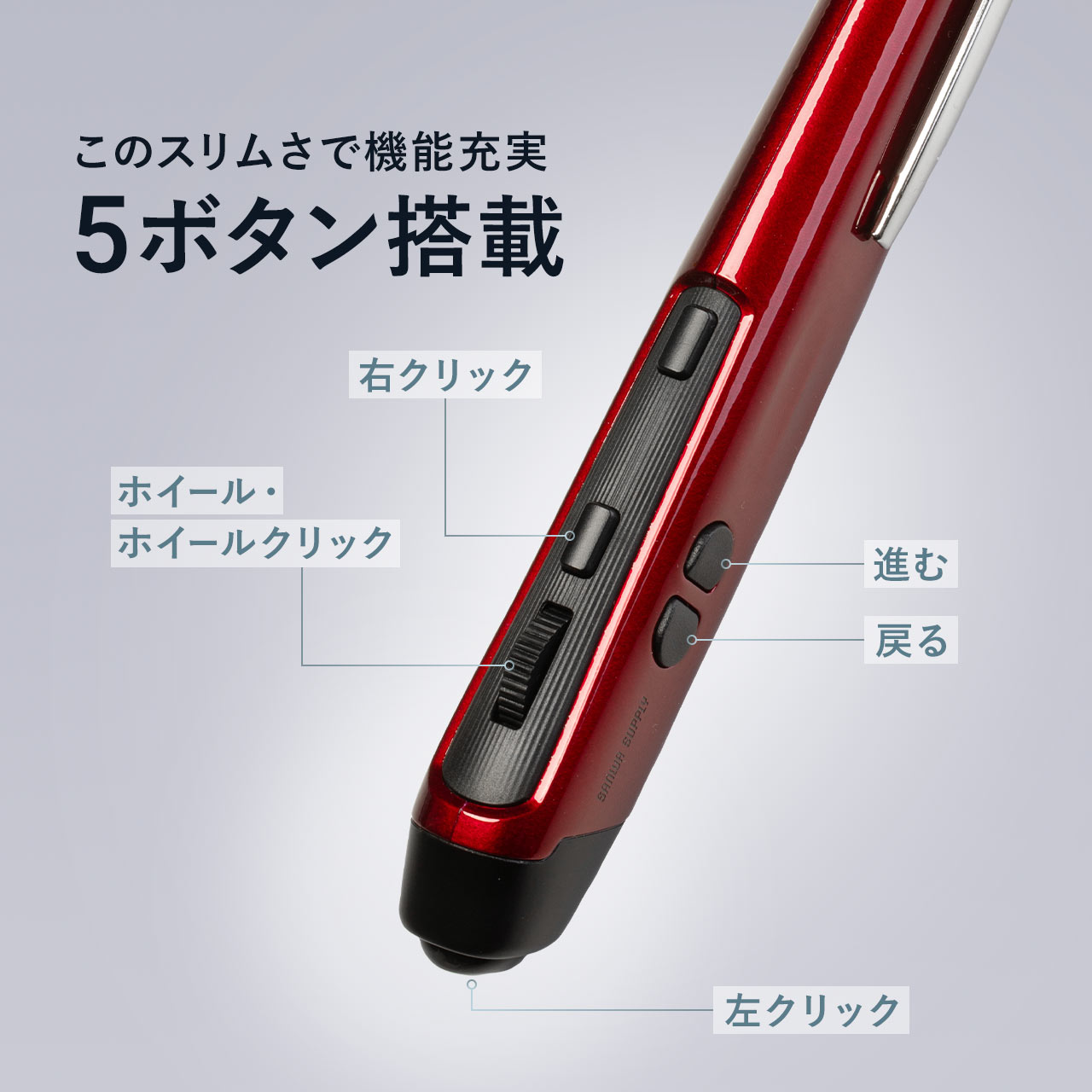 このスリムさで機能充実の5ボタン搭載。