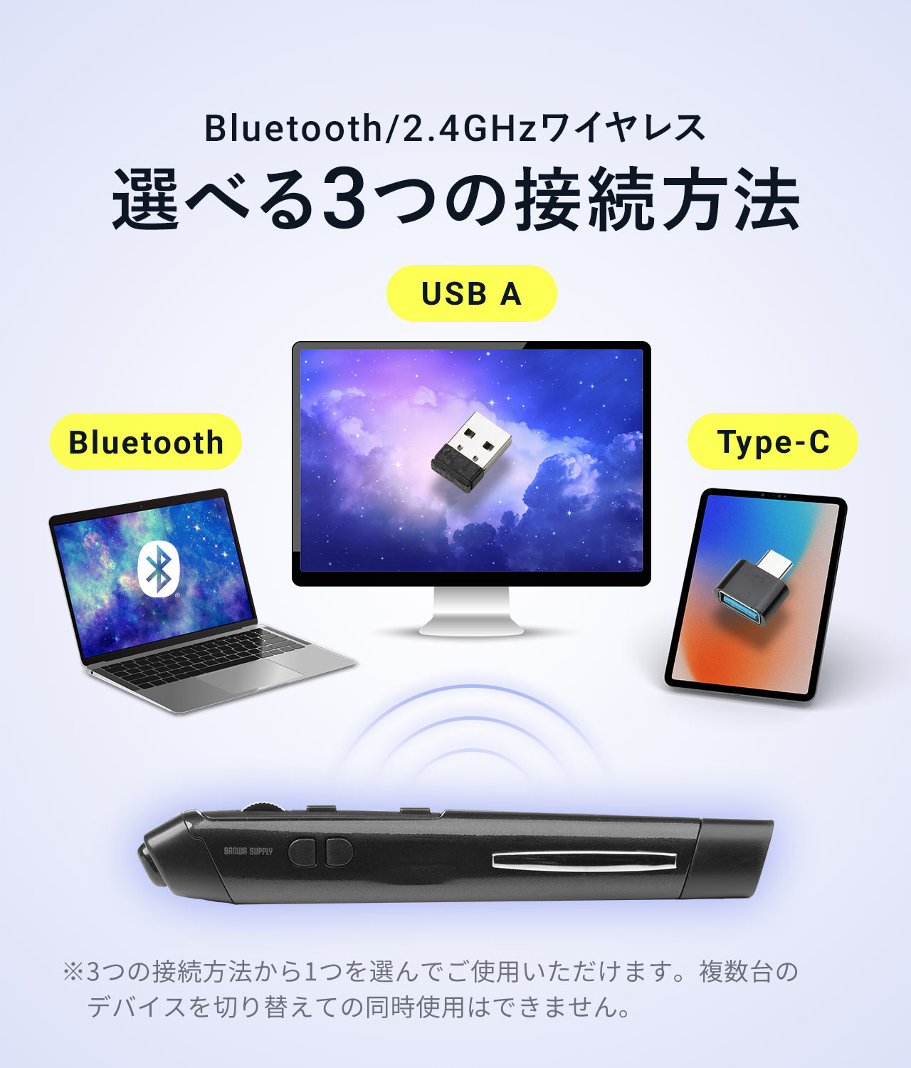 マウス本体にレシーバー収納可能、USB Type-C変換アダプタ付き※Type-C変換アダプタは、マウス本体に収納できません。カウント切り替えボタンで、800カウント、1200カウント、1600カウントからカーソルスピード変更可能