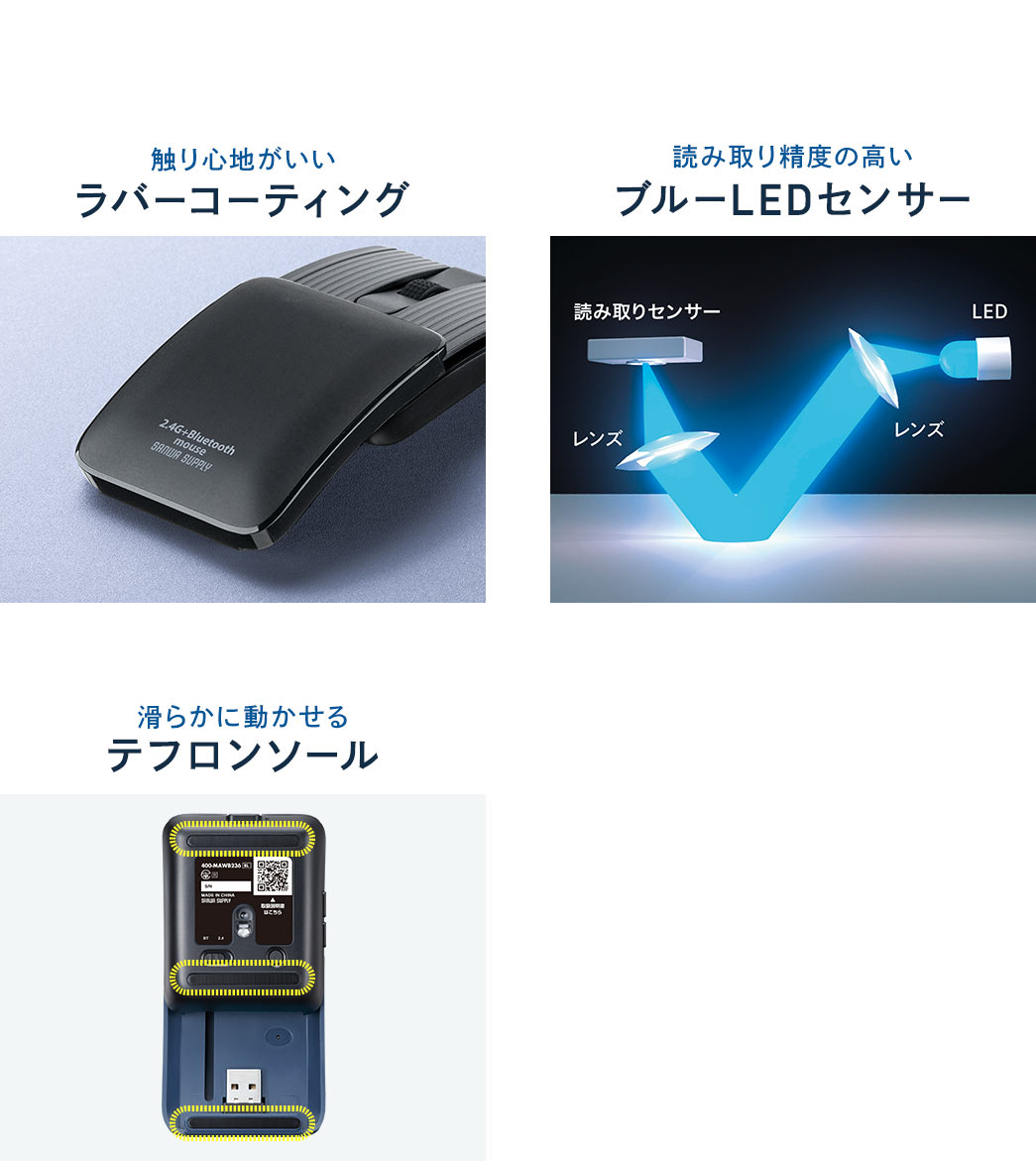 手になじむ心地よいラバーコーティングを採用し、持ち運びに便利なポーチが付属するほか、読み取り精度の高いブルーLEDセンサー、誤操作を防ぐ電源ON・OFFスイッチ、滑らかな操作を実現するテフロンソールを備えています。