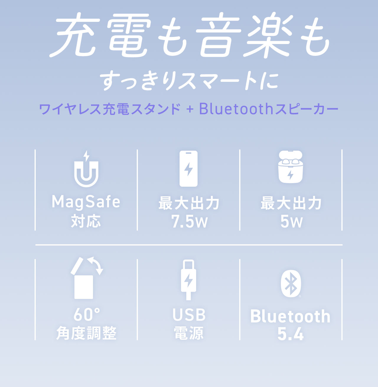 充電も音楽もすっきりスマートに、MagSafe対応のワイヤレス充電スタンド+Bluetoothスピーカー。スマホ充電部は最大出力 7.5W、ワイヤレスイヤホン充電部は最大出力 5W、角度は60°まで調整、USB電源でBluetooth 5.4を搭載しています。