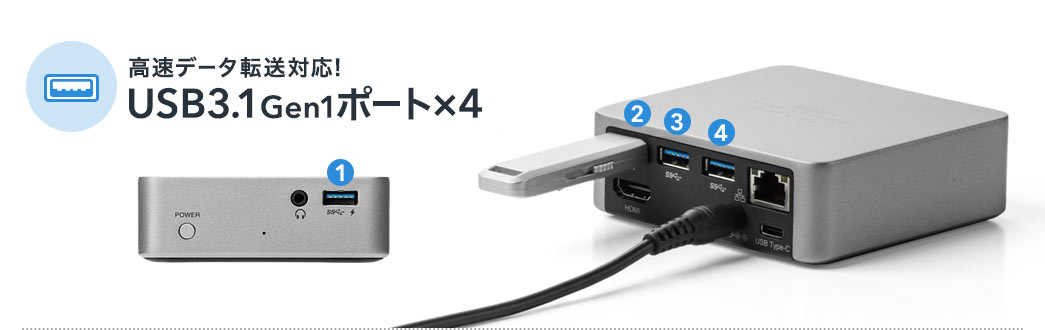 高速データ転送対応 USB3.1Gen1ポート×4