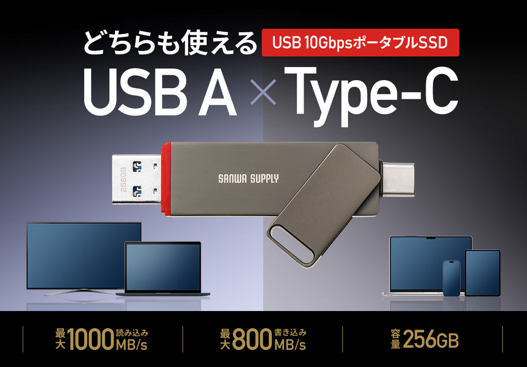 USB A、Type-Cどちらも使える、USB 10GbpsポータブルSSD。最大1000MBsの読み込みと、最大800MB/sの書き込みができ、容量1TB。