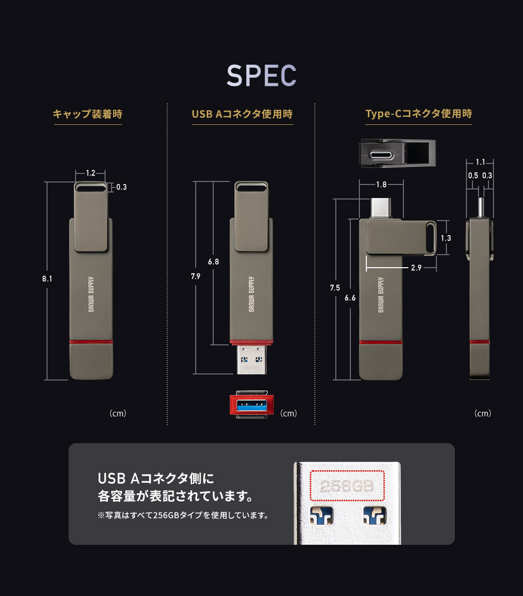 SPEC、キャップ装着時、H8.1cm、USB Aコネクタ使用時、H7.9cm、Type-Cコネクタ使用時、H7.5cm。USB Aコネクタ側に、各容量が表記されています。