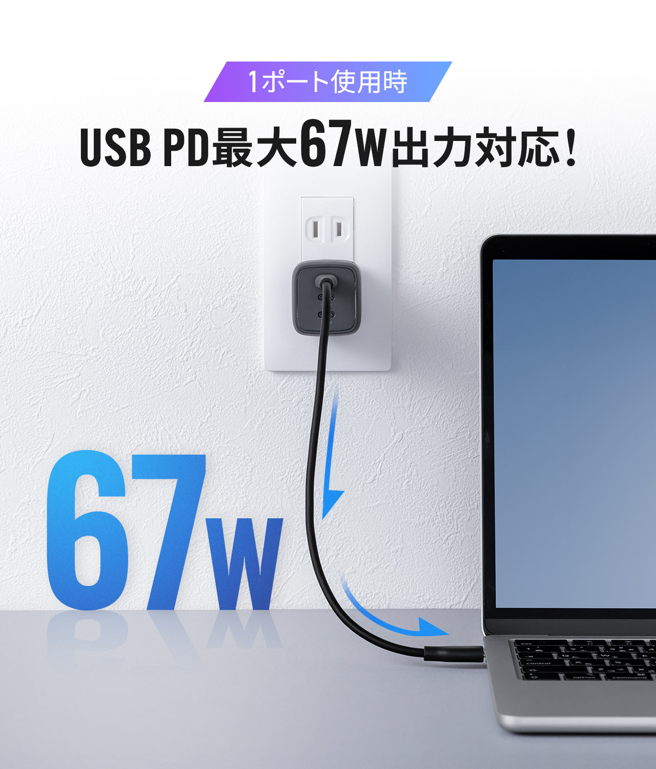 1ポート使用時はUSB PDで最大67W出力に対応しています。