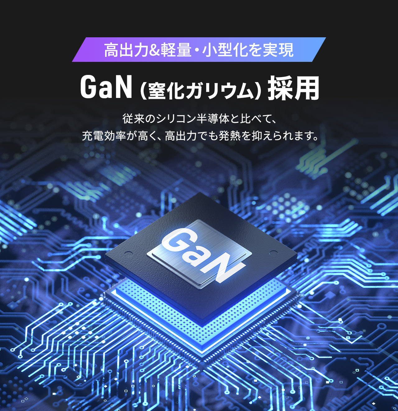 高出力かつ軽量・小型化を実現したGaN（窒化ガリウム）採用モデル。従来のシリコン半導体と比べて、充電効率が高く、高出力でも発熱を抑えられます。