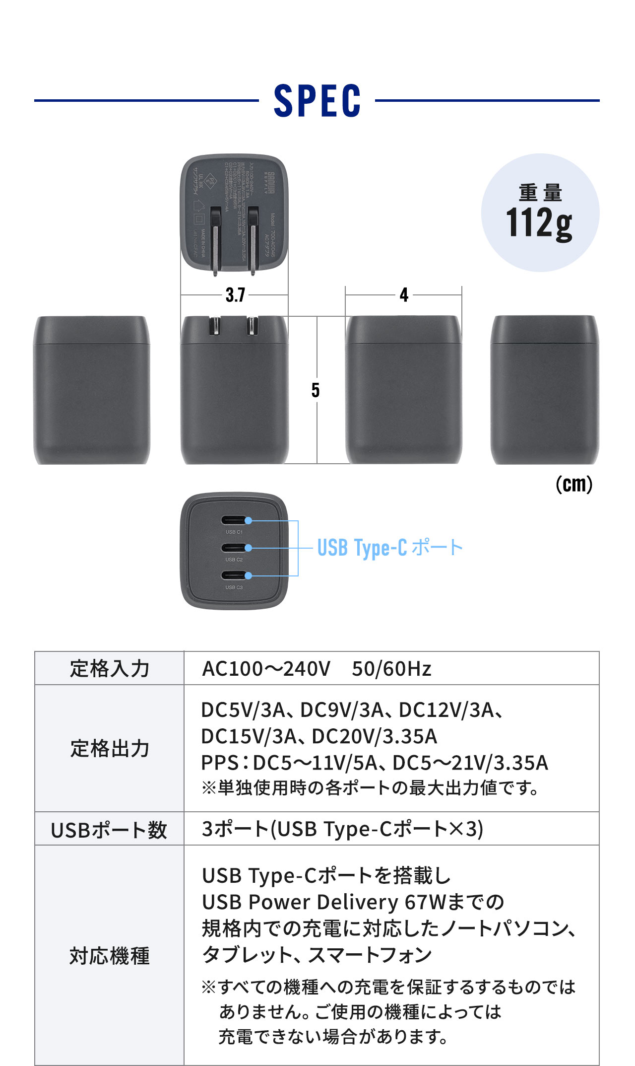 SPEC：幅3.7cm×奥行き4cm×高さ5cm。定格入力はAC100～240V（50/60Hz）、定格出力は各ポート単独使用時に最大DC20V/3.35A、PPSは最大DC5～21V/3.35Aに対応し、USB Type-Cポート×3を搭載、USB Power Delivery 67Wまでの規格内で充電可能なノートパソコン、タブレット、スマートフォンに対応しています（※すべての機種への充電を保証するものではありません）。