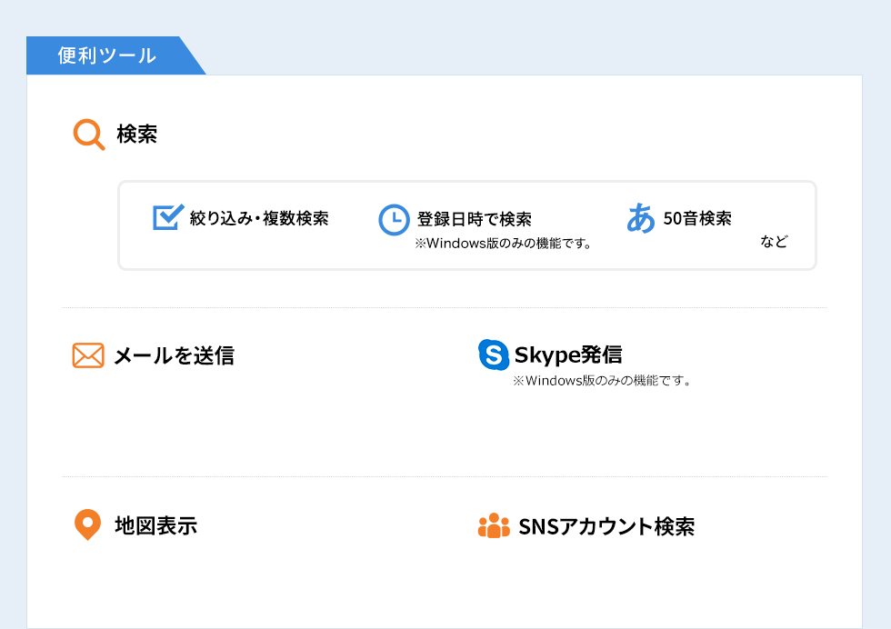 便利ツール 検索 メールを送信 Skype発信 地図表示 SNSアカウント検索