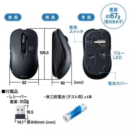 ワイヤレスマウス 5ボタン ブルーLEDセンサー DPI切替 ラバーコーティング ブラック