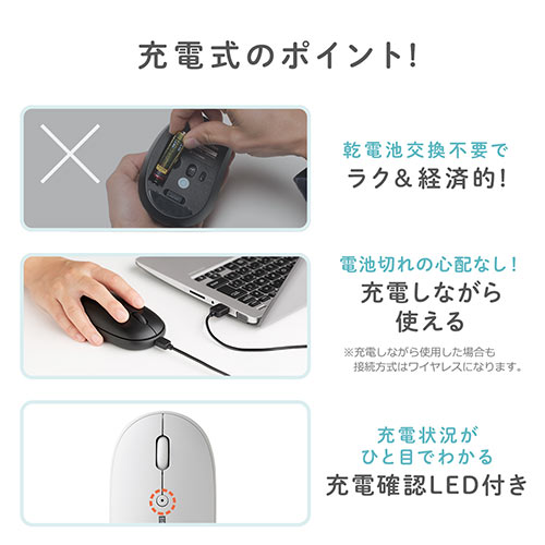 充電マウス フラットマウス ワイヤレスマウス 静音マウス ブルーled 電池不要 3ボタン カバー変更 ホワイト メモリダイレクト