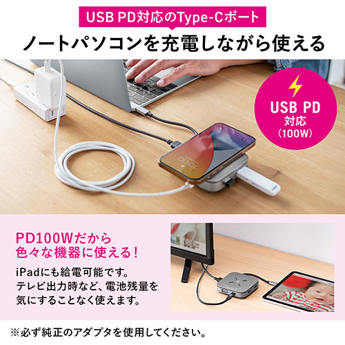 モバイルドッキングステーション 巻き取り Usb Type C Pd100w対応 4k対応 5in1 Hdmi Vga Qi ワイヤレス充電 メモリダイレクト