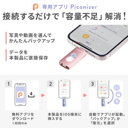 Piconizer4 128GB iPhone Android対応 Piconizer 4 128GB USBメモリ ローズゴールド Lightning USB Type-C