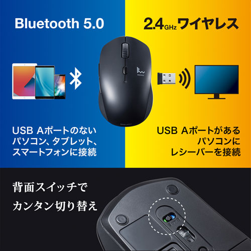 静音ワイヤレスマウス Bluetooth 専用レシーバー 両対応 ブルーLED