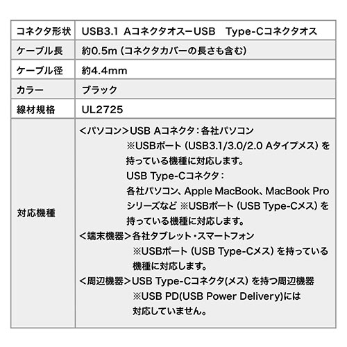 USB Type-Cケーブル 50cm USB3.1 Gen2 USB-Cオス USB Aオス USB-IF認証品 ブラック【メモリダイレクト】