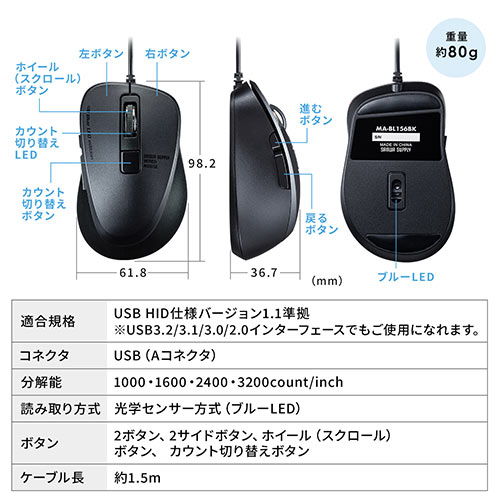 有線マウス 小型マウス 静音マウス 5ボタン Type-A ブラック【メモリ