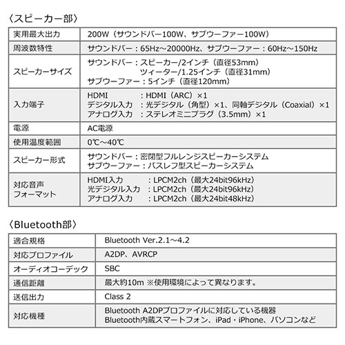 メモリダイレクト/2.1ch サウンドバースピーカー ワイヤレスサブウーファーセット Bluetooth対応 最大200W出力 HDMI接続 ARC対応