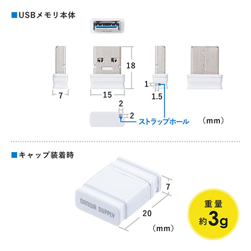 USBメモリ 8GB USB3.2 Gen1 ホワイト キャップ式 超小型 高速データ
