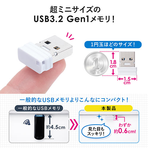USBメモリ 32GB USB3.2 Gen1 ホワイト キャップ式 超小型 高速データ