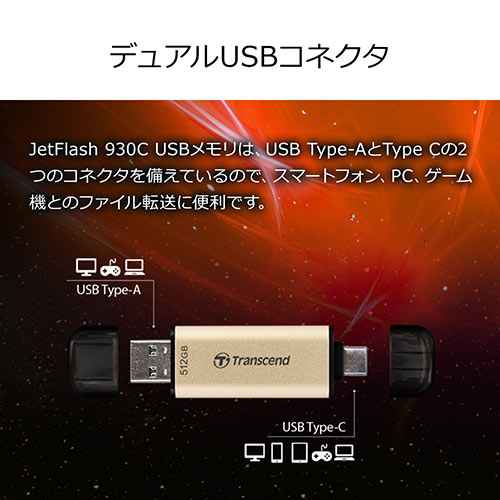 USBメモリ 512GB USB 3.2 Gen1 USB A USB Type-C デュアルコネクタ Transcend JetFlash 930C