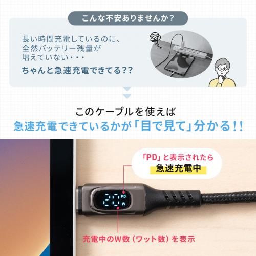 電力表示つき USB Type-Cケーブル USB PD100W対応 e-marker搭載 USB2.0 1m 高耐久 ブラック