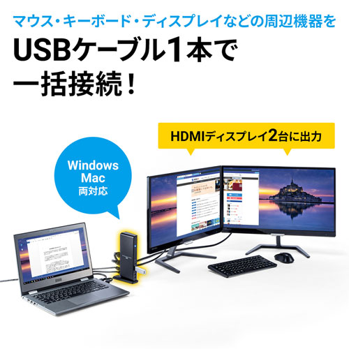 Type-C・USB3.2A接続デュアルHDMIドッキングステーション