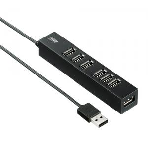 【アウトレット】USB2.0ハブ 7ポート セルフパワー(ACアダプタ付)　面ファスナー付 ブラック サンワサプライ製