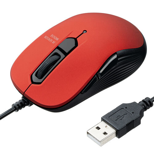 小型有線マウス USB A接続 戻る/進む 5ボタン 静音 カウント切替え ラバーコーティング レッド