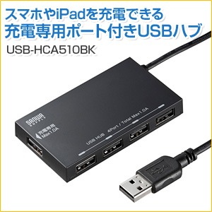 【アウトレット】充電用USBポート搭載4ポートUSB2.0ハブ ブラック