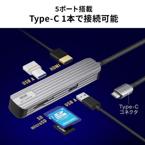 USBハブ USB 3.2 Gen1 USB A×2 HDMI SD/microSDカードリーダー アルミ素材 ケーブル50cm