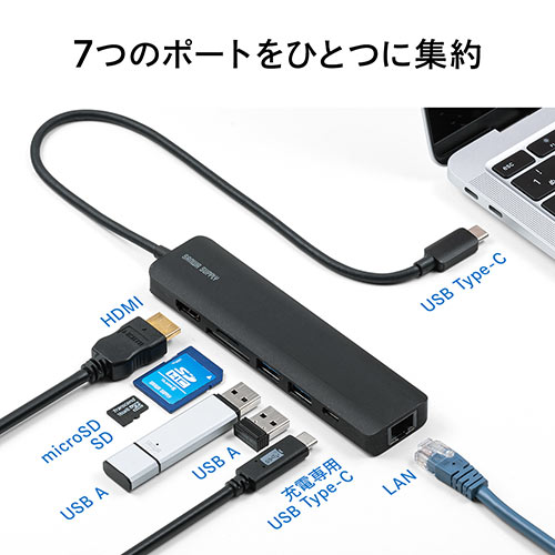 USB Type-C モバイルドッキングステーション ロングケーブル 7in1 4K/60Hz対応 HDMI出力 SD/microSDカードリーダー USB×2 PD100W LAN