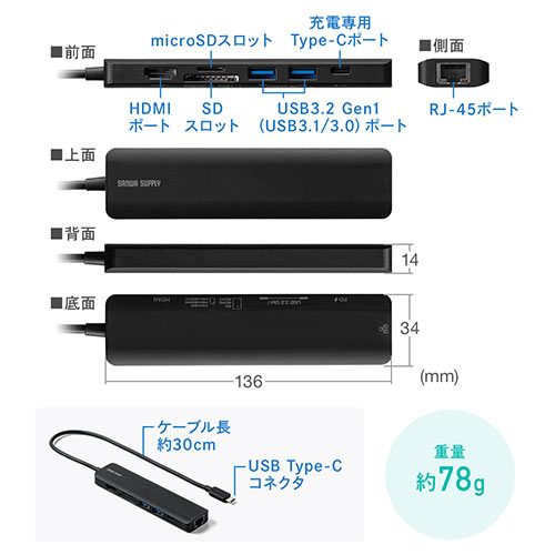 USB Type-C モバイルドッキングステーション ロングケーブル 7in1 4K