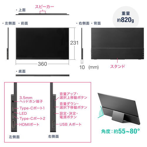 タッチ操作対応 モバイルモニター 15.6インチ フルHD IPS グレア Win/Mac対応 USB Type-C HDMI【メモリダイレクト】