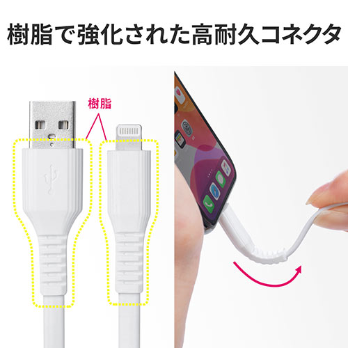 ライトニングケーブル(iPhone・iPad・Apple MFi認証品・フラットケーブル・充電 ・同期・Lightning・2m・ホワイト)【メモリダイレクト】