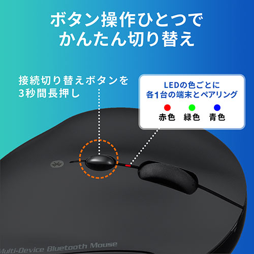 Bluetoothエルゴノミクスマウス(エルゴマウス・充電式・マルチペアリング・静音ボタン・カウント切り替え・ブラック)