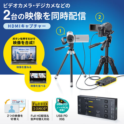 処分特価】HDMIキャプチャー 2入力 2台映像同時配信 音声出力 USBPD60W