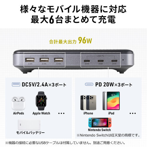 6ポートUSB-C PD急速充電ステーション 6ポート充電器 アダプター 急速充電 急速充電器合計120W Quick Charge